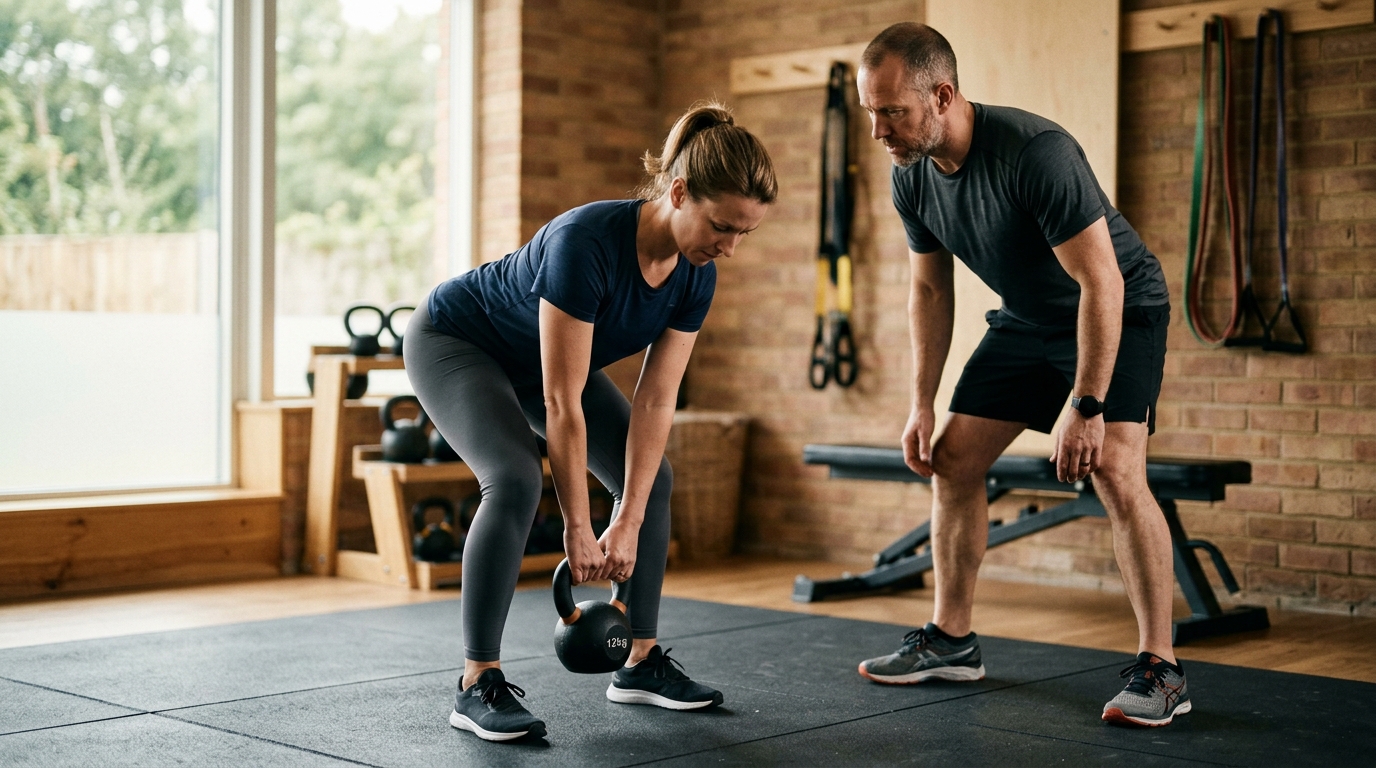 Istruttore osserva la tecnica di una persona durante una sessione di allenamento di forza in palestra