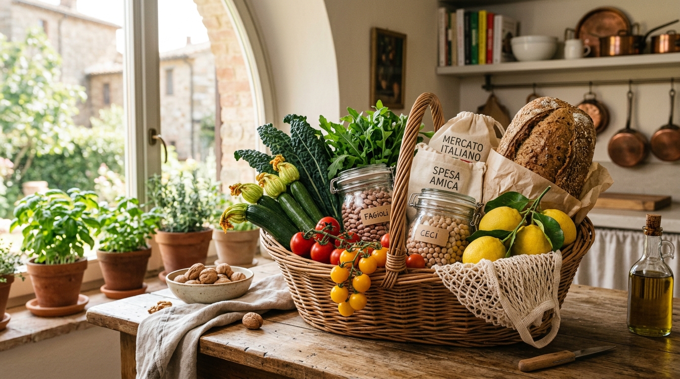 Cesto della spesa con verdure di stagione, pane integrale e contenitori riutilizzabili