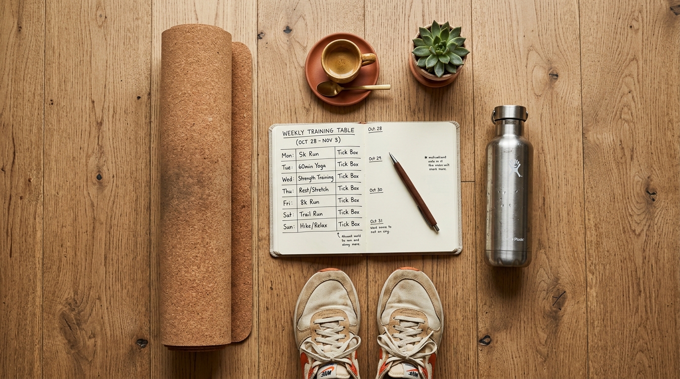 Routine mattutina con tappetino, borraccia e quaderno con tabelle di allenamento