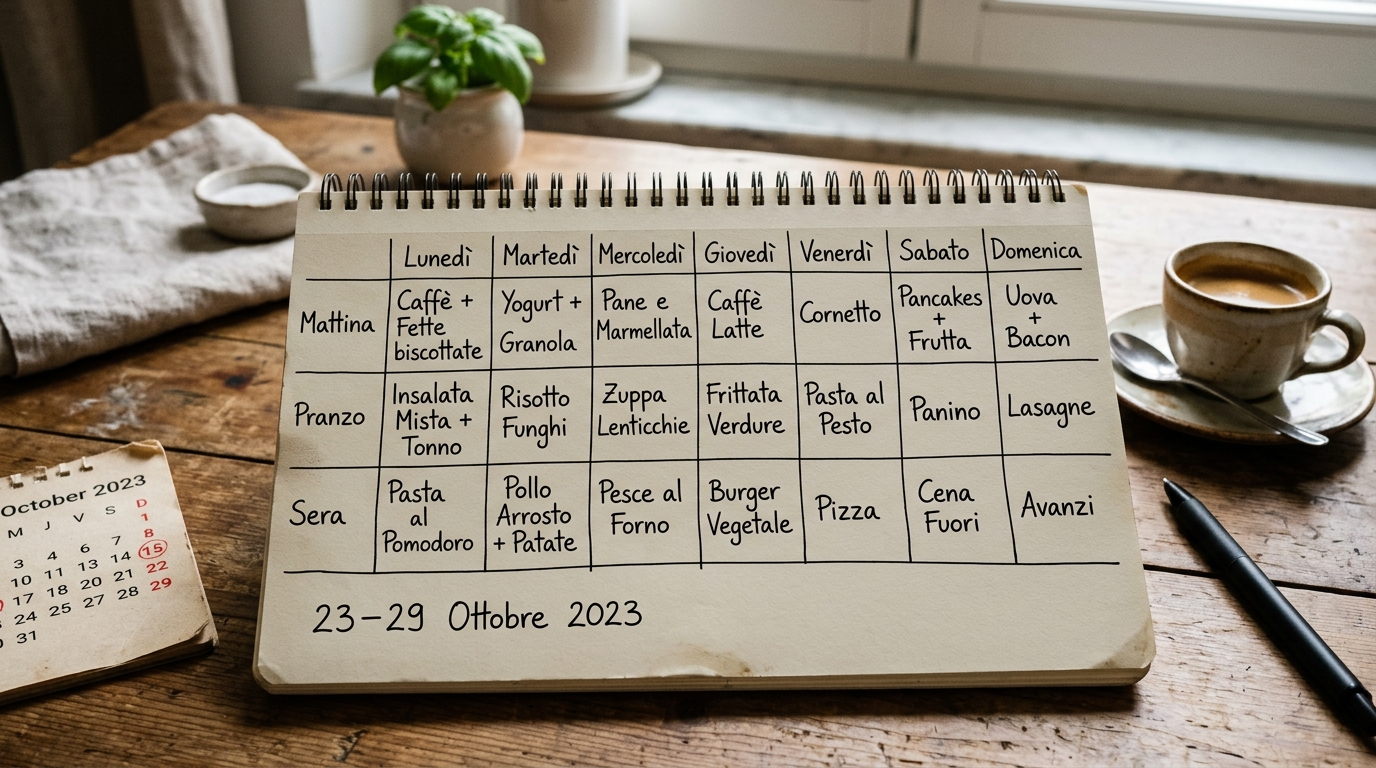 Griglia settimanale di pasti scritti a mano su un quaderno con calendario aperto